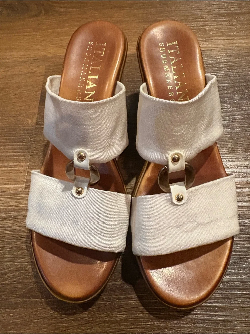 Italian Shoemakers White Double-Band Slide Sandals with Gold Accents